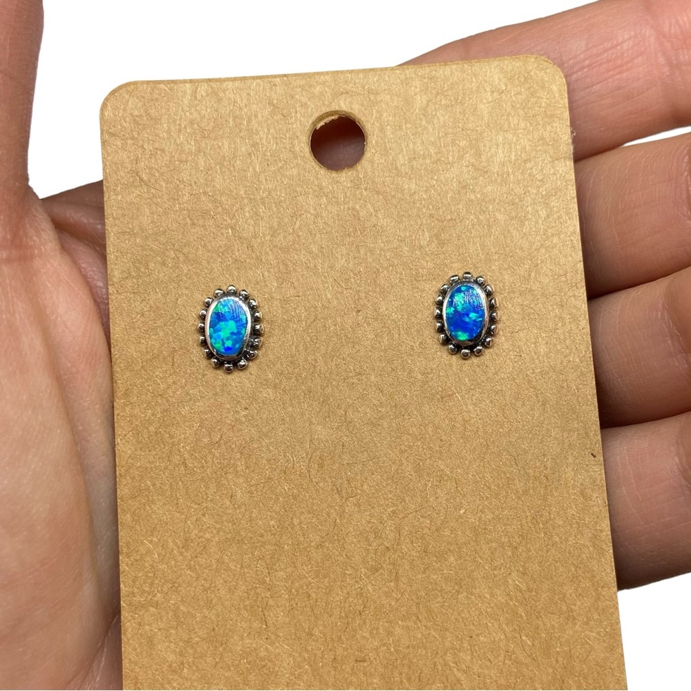 Blue Fire Opal Stud Earrings Solid Sterling Silver 925 Dainty Stone Boho Jewelry - Picture 2 of 7